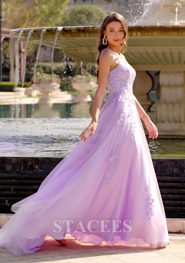 A-line Princess Square Neckline Sleeveless Sweep Train Tulle Prom Dress  with Appliqued S7528P - Prom Dresses - Stacees