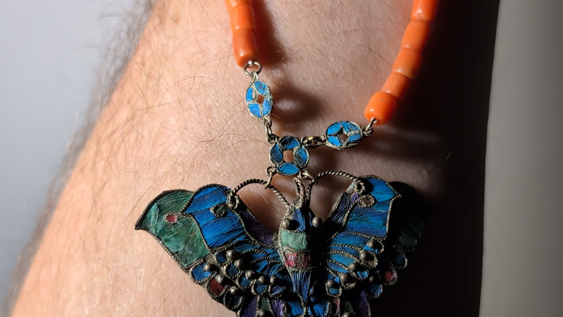 18K Gold, Coral, and Kingfisher Feather Necklace Antique Chinese Earrings, Kingfisher Feather Earrings  main image 3