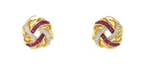 40 ct. t.w. Ruby and .10 ct. t.w. Diamond Love Knot Earrings in 18kt Gold Over Sterling
