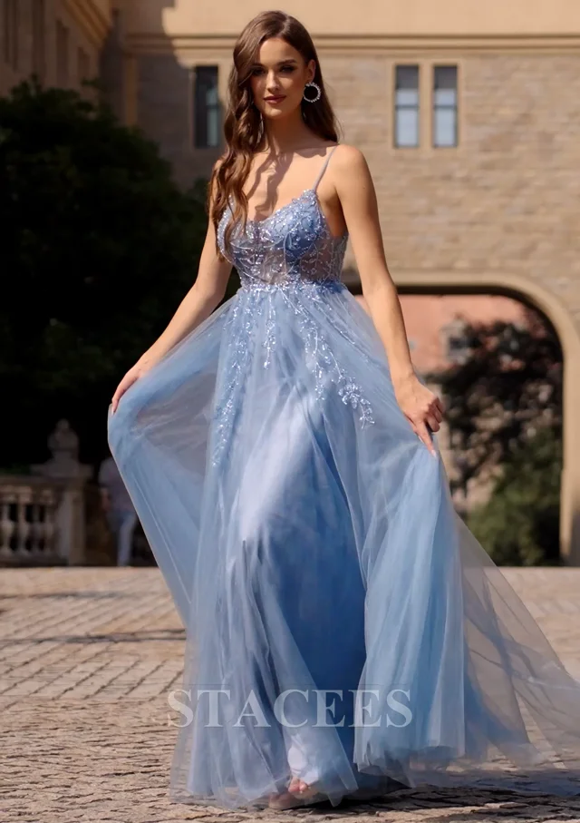 A-line V Neck Spaghetti Straps Sweep Train Tulle Prom Dress With Appliqued  Split Glitter - Prom Dresses - Stacees