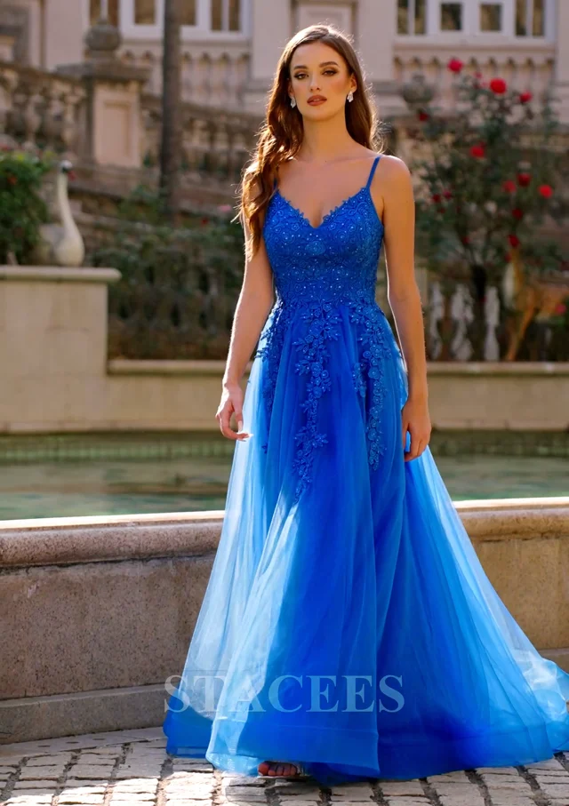 A-line Princess V Neck Sleeveless Sweep Train Tulle Prom Dress with  Appliqued Beading S7675P - Prom Dresses - Stacees