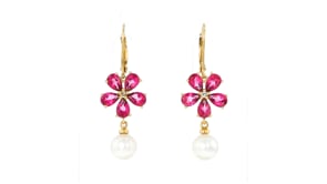 7.5-8mm Cultured Pearl and .90 ct. t.w. Pink Topaz Flower Drop Earrings with White Topaz Accents in 18kt Gold Over Sterling