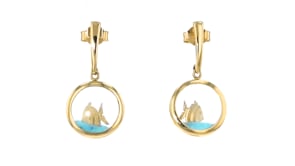 14kt Yellow Gold Fish and Blue Sand in Glass Drop Earrings