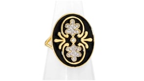 60 ct. t.w. White Topaz and Black Enamel Ring in 18kt Gold Over Sterling