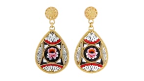 Italian Multicolored Murano Glass Floral Mosaic Teardrop Earrings in 18kt Gold Over Sterling