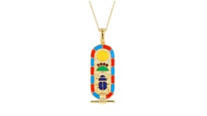 Multicolored Enamel Rise with the Sun Egyptian Symbol Pendant Necklace with Garnet Accents in 18kt Gold Over Sterling