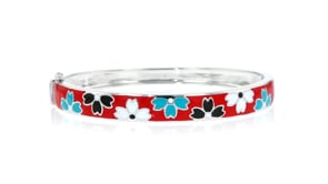 Multicolored Enamel Floral Bangle Bracelet in Sterling Silver