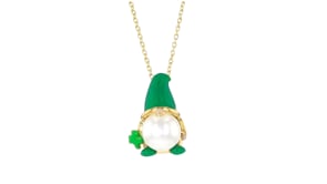 9-9.5mm Cultured Pearl and Green Enamel St. Patricks Day Gnome Pendant Necklace in 18kt Gold Over Sterling