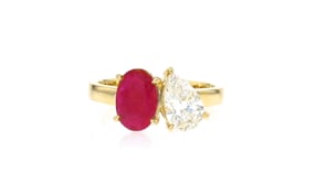 2.00 Carat Oval Ruby and 1.00 Carat Pear-Shaped Lab-Grown Diamond Ring in 14kt Yellow Gold