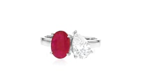 2.00 Carat Oval Ruby and 1.00 Carat Pear-Shaped Lab-Grown Diamond Ring in 14kt White Gold