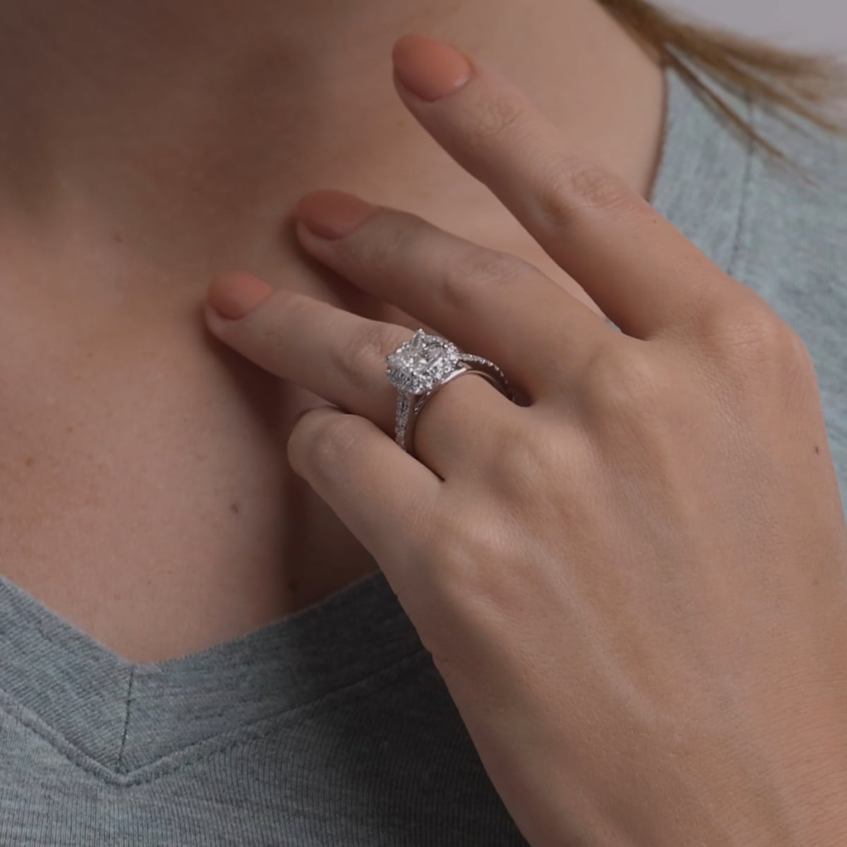 1 1/5 ctw Radiant Lab Grown Diamond Split Shank Halo Engagement Ring 14K White Gold, FG, VS2+
