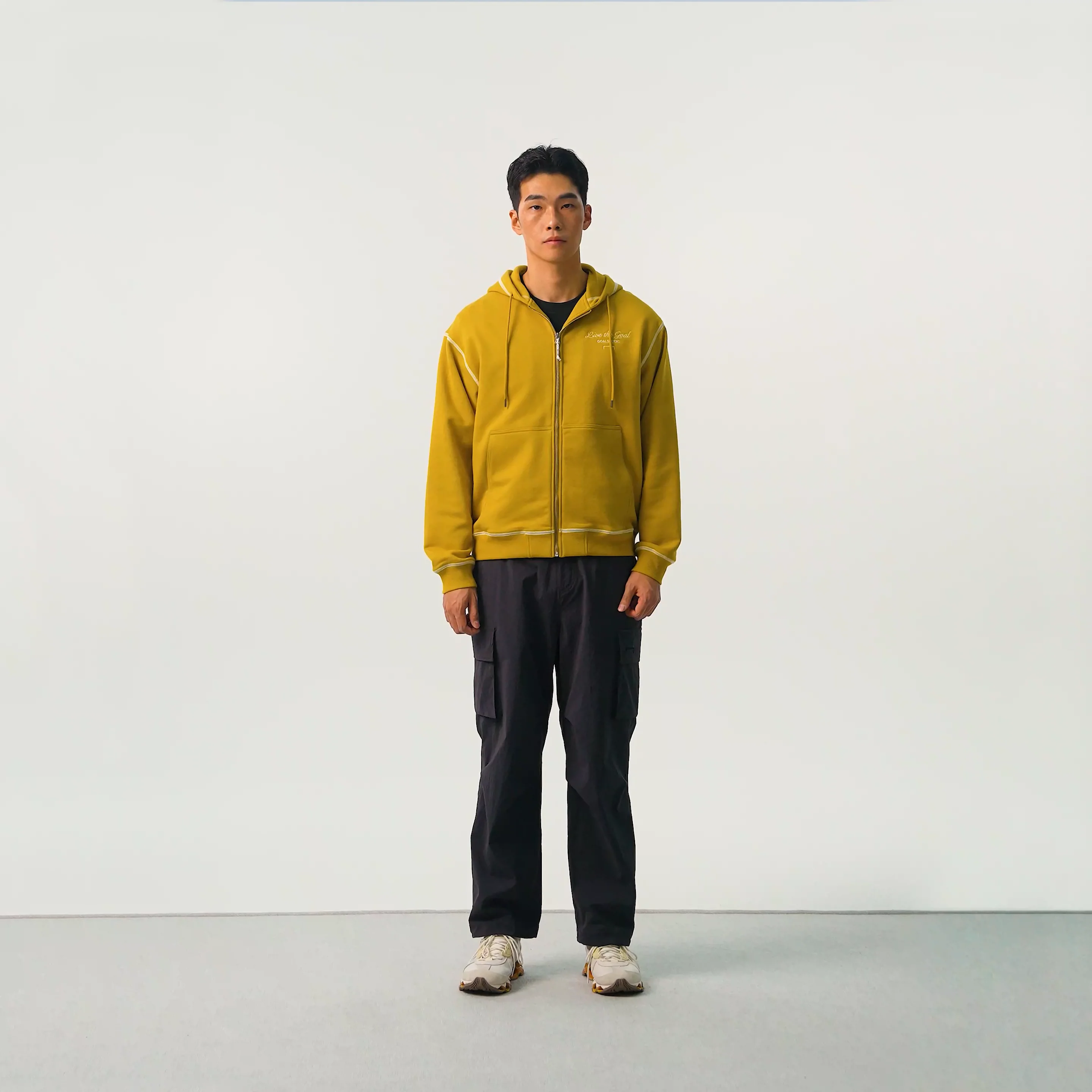 STITCHED BIG LOGO ZIP-UP HOODIE-MUSTARD - GOALSTUDIO