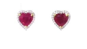 5.25 ct. t.w. Ruby and .38 ct. t.w. Diamond Heart Stud Earrings in 14kt Yellow Gold