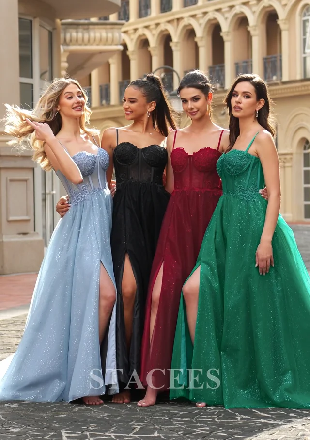 A-line V Neck Spaghetti Straps Sweep Train Tulle Prom Dress With Appliqued  Split Glitter - Prom Dresses - Stacees