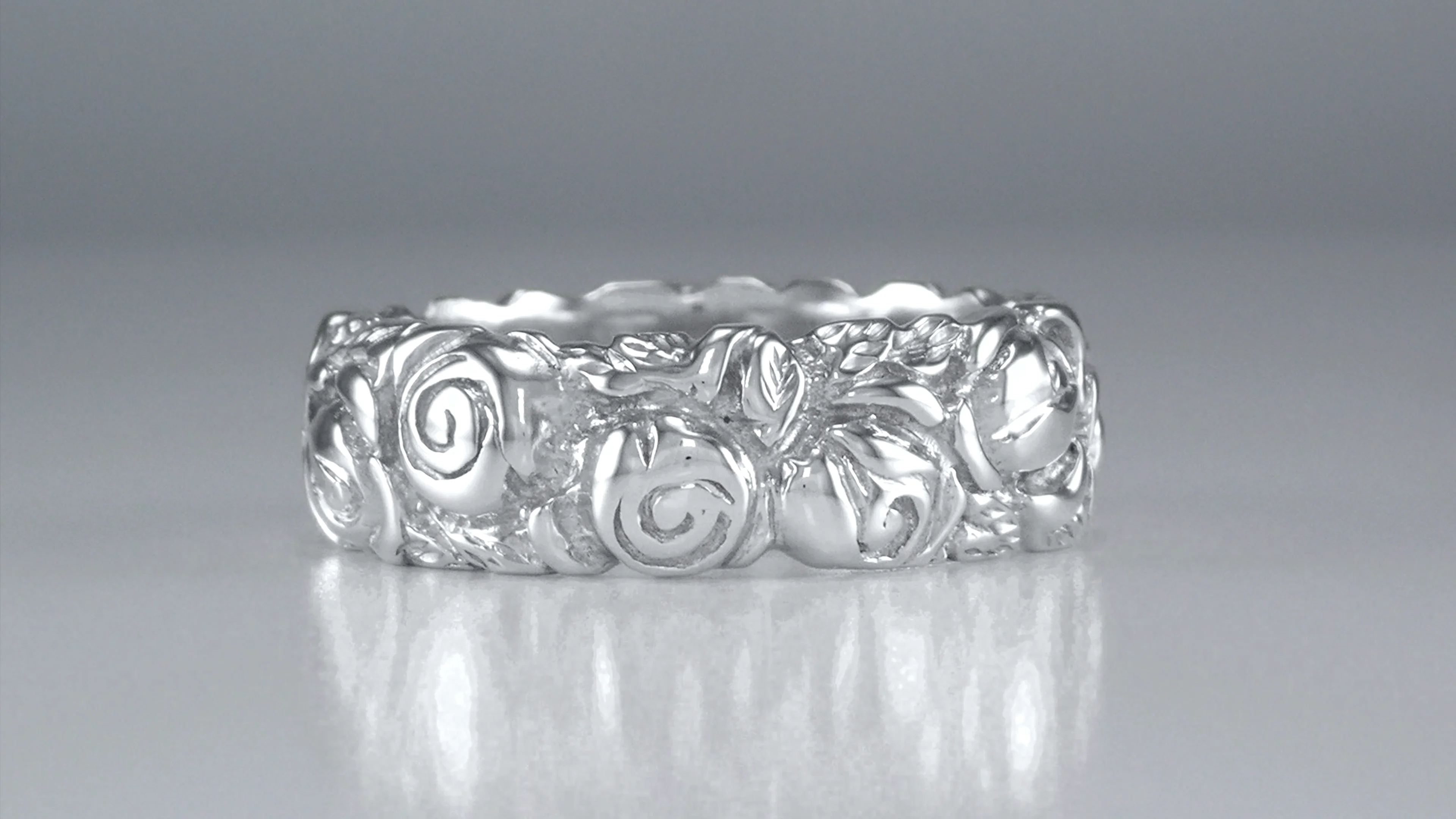 Sterling Silver Engraved Roses Antique Wide Retro Band