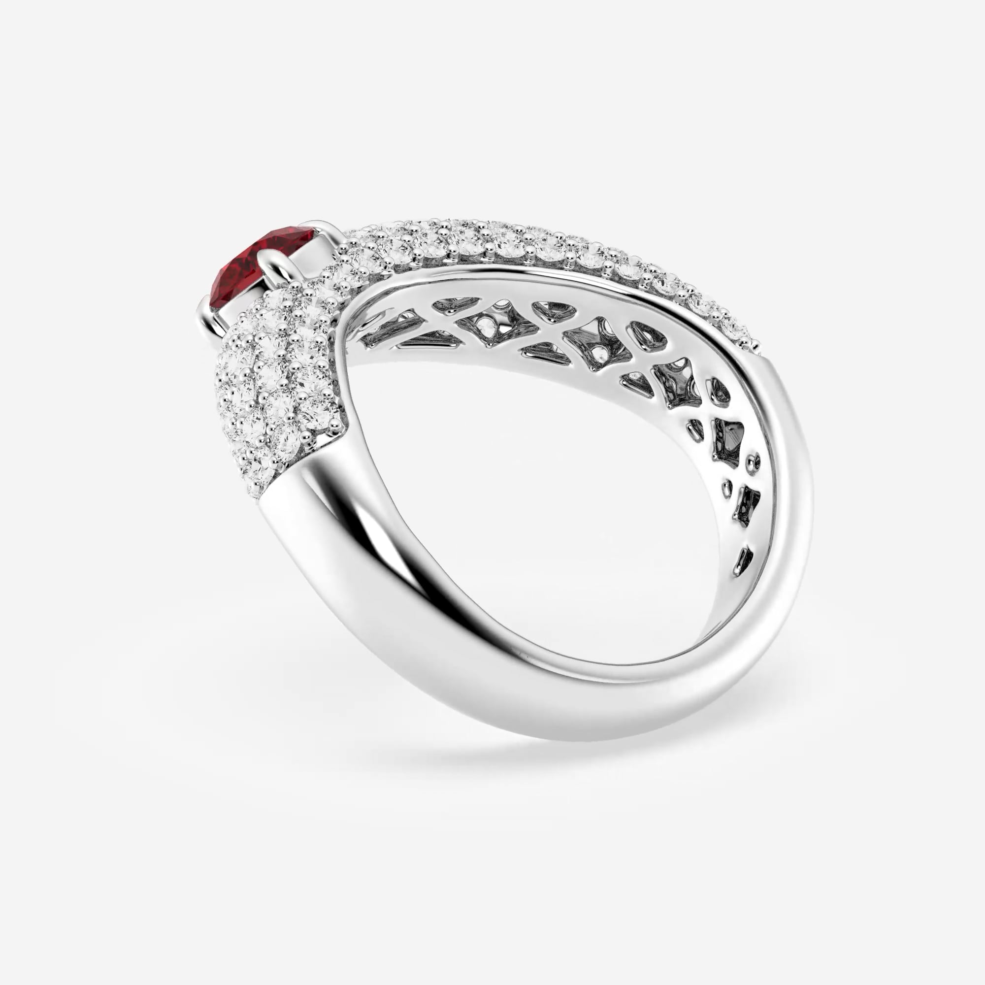 produktvideo för 5,2 mm Rund Cut Skapad Ruby och 1 ctw Round Lab Grown Diamond Crescent Shape Pave Fashion Ring