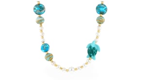 Italian Multicolored Murano Glass Turtle and Bead Necklace with 6-11mm Cultured Pearls in 18kt Gold Over Sterling