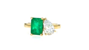 1.70 Carat Emerald and 1.00 Carat Pear-Shaped Lab-Grown Diamond Ring in 14kt Yellow Gold
