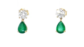 1.20 ct. t.w. Pear-Shaped Emerald and 1.00 ct. t.w. Round Lab-Grown Diamond Drop Earrings in 14kt Yellow Gold