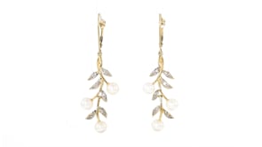 5mm Cultured Pearl and Diamond Accent Leaf Drop Earrings in 14kt Yellow Gold