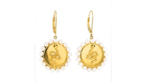 3mm Cultured Pearl Snake Drop Earrings with Tsavorite Accents in 18kt Gold Over Sterling
