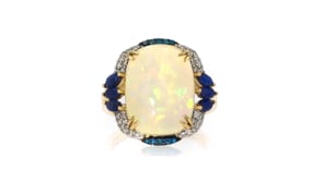Opal, .80 ct. t.w. Sapphire and .26 ct. t.w. White and Blue Diamond Ring in 14kt Yellow Gold