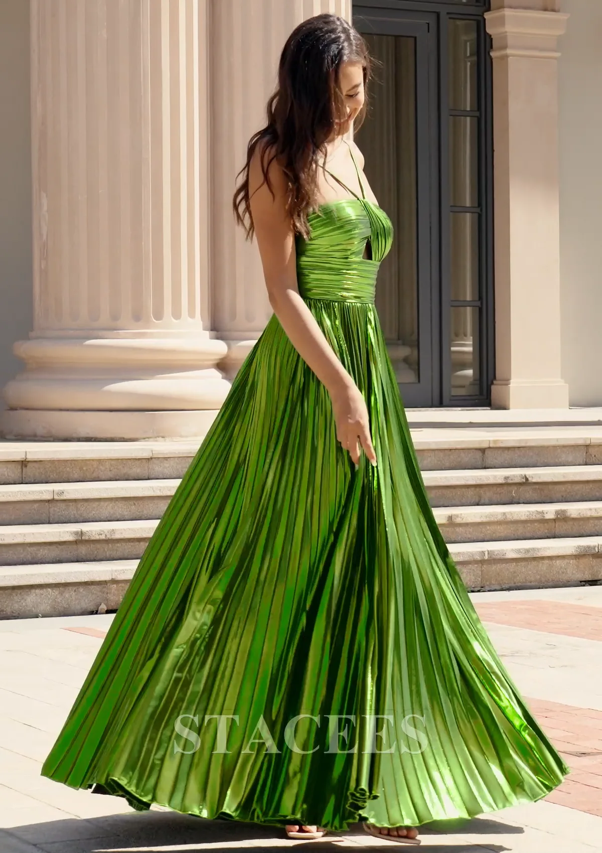 knee length dresses for ladies Emerald Green Moonglade Pleated Maxi Column Dress