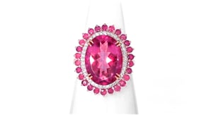 8.25 Carat Pink Topaz and .90 ct. t.w. Ruby Cocktail Ring with .19 ct. t.w. Diamonds in 14kt Yellow Gold