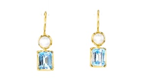5mm Cultured Pearl and 4.20 ct. t.w. Sky Blue Topaz Drop Earrings in 18kt Gold Over Sterling