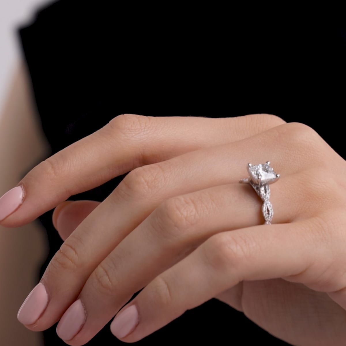 1 1/4 ctw Cushion Lab Grown Diamond Double Twist Engagement Ring 14K White Gold, E, VS1