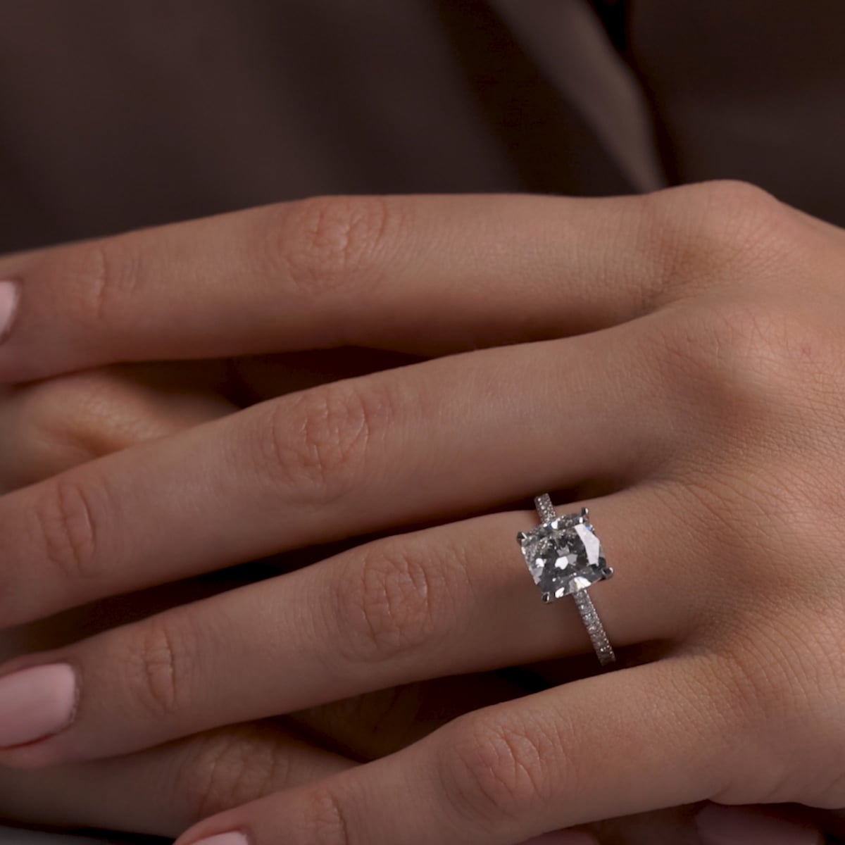 product video 2 for 3 1/5 ctw Cushion Lab Grown Diamond Scalloped classic Pave Solitaire Engagement Ring with Side Stones