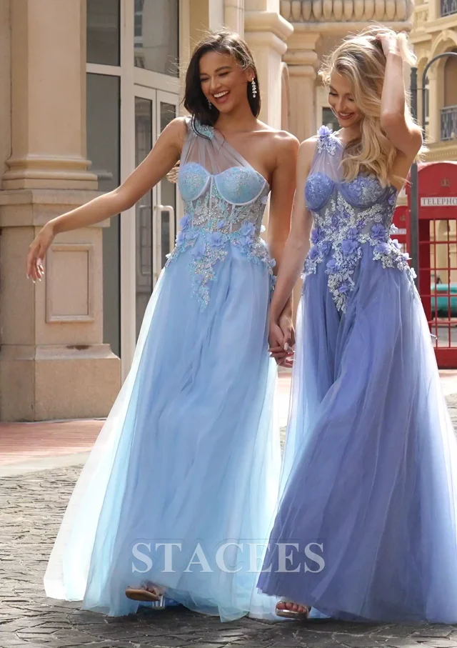 A-line Princess One-Shoulder Sleeveless Sweep Train Tulle Prom