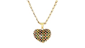 C. 1960 Vintage Multicolored Enamel Puffed Heart Pendant Necklace in 18kt Yellow Gold