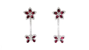 4.20 ct. t.w. Rhodolite Garnet and 1.90 ct. t.w. White Zircon Flower and Butterfly Drop Earrings in Sterling Silver