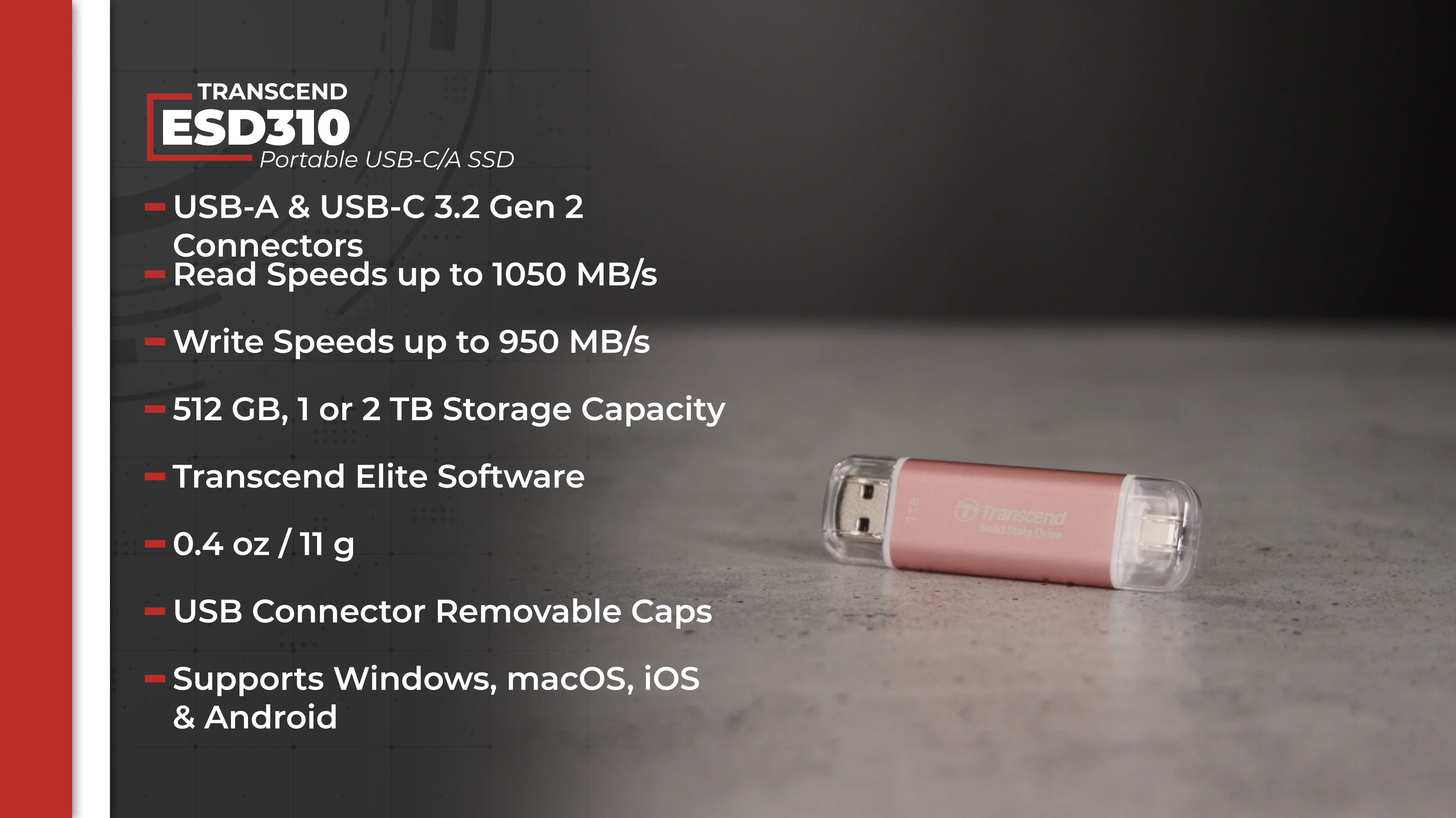 Transcend 2TB ESD310 Portable USB-C/A SSD (Rosy Pink)