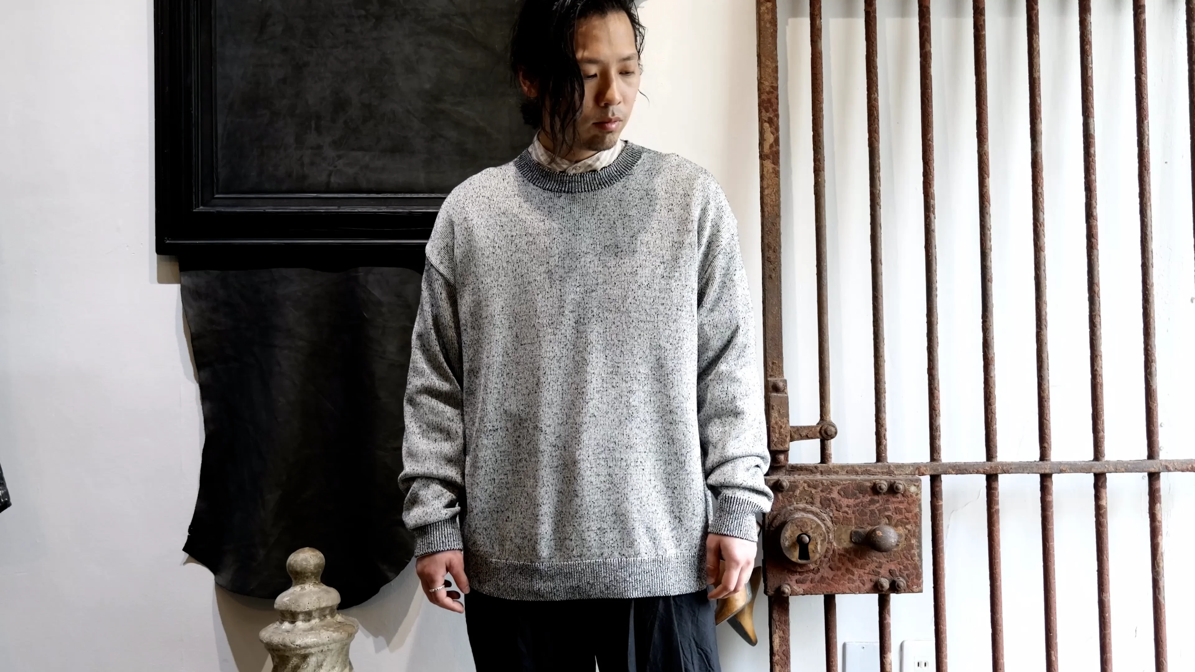 calmlence / カームレンス | Crew Neck Pullover Silk Plating シルク クルーネックニット | 1 | ブラック/ホワイト | メンズ KNIT003. Crew Neck Pullover Silk Plating. Off White. Collection