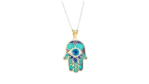 Blue Enamel Hamsa Pendant Necklace in 14kt Yellow Gold