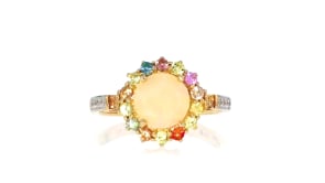 Ethiopian Opal and .80 ct. t.w. Multicolored Sapphire Ring with Diamond Accents in 14kt Yellow Gold