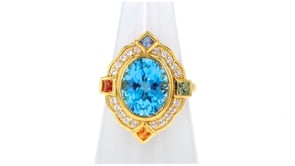 6.00 Carat Swiss Blue Topaz and .80 ct. t.w. Multi-Gemstone Ring in 18kt Gold Over Sterling