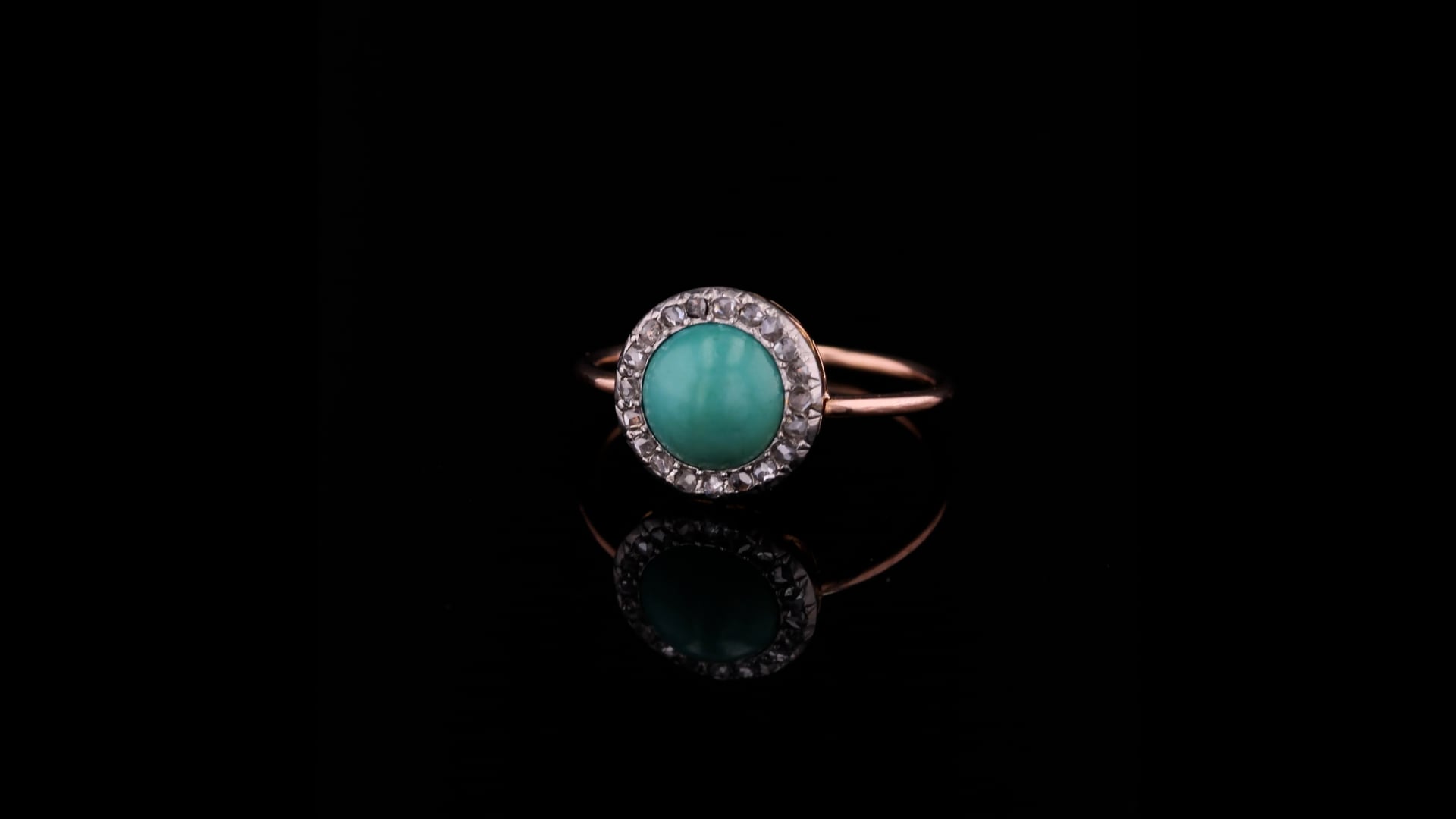 Bague Ancienne Du 18ème Siècle - Or Rose 18k Avec Diamants Et Turquoises - Taille 52 - Modèle Circa 1800
