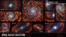 Grid of unevenly sized rectangles displays various spiral galaxies, most with orange arms and bluish centers. 