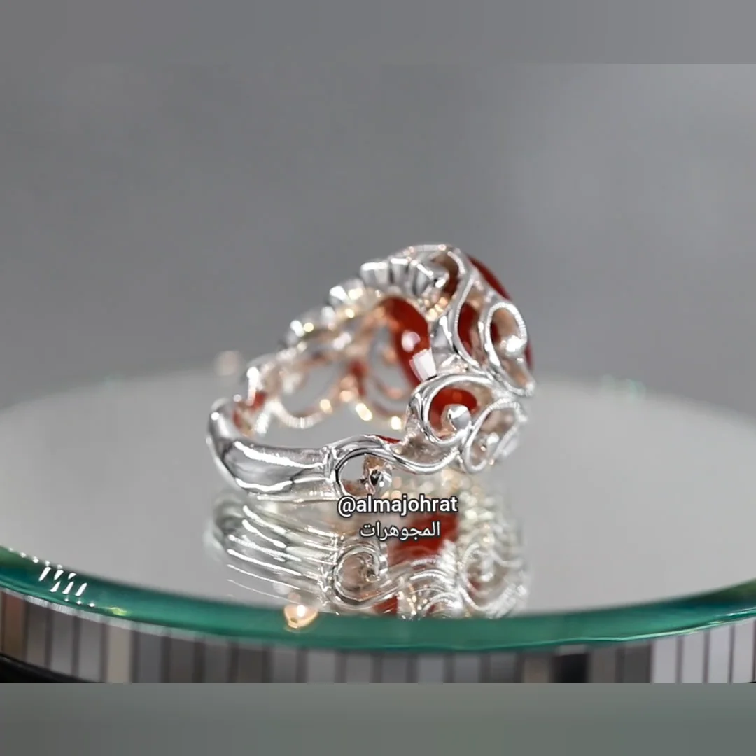 Anello Aqeeq Yemenita In Agata Rossa Con Argento 925 - Fatto A Mano - Taglie US 5-15 - Foto 1