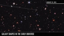 Freeze frame from video, showing a deep field of many galaxies, with one toward the top surrounded by a label box, with a line shooting off screen to the left. Date at top right reads January 29, 2024. Title text at lower left: Galaxy shapes in the early universe.   