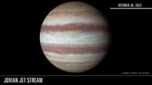 Freeze frame from video, showing sphere of the planet Jupiter. Text at upper right reads October 30, 2023. Title at lower left: Jovian Jet Stream.