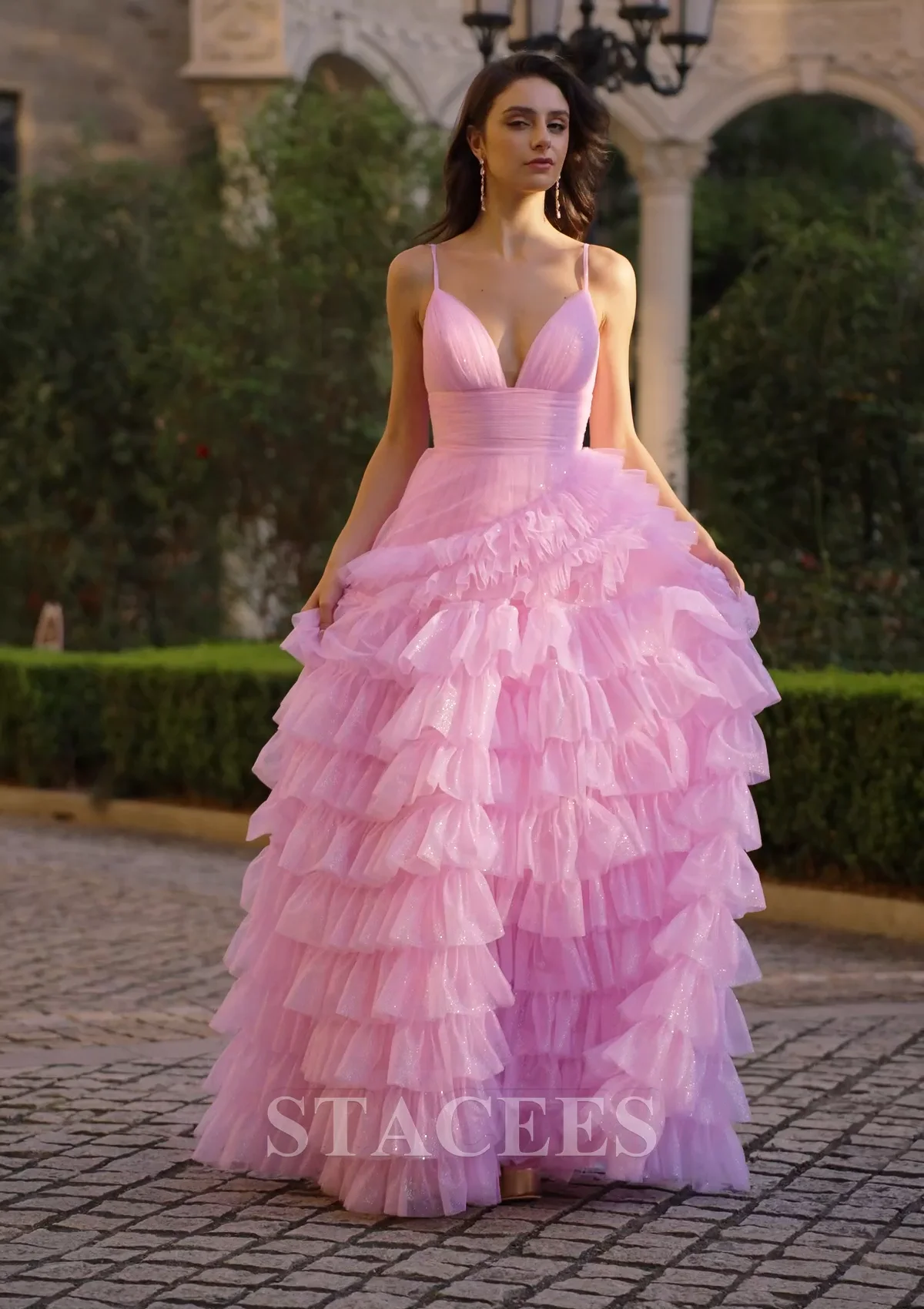 a line princess v neck floor length ruffles satin dresses Stacees 2026 Ruffled Stretch Satin Prom Dress Dark Navy A-line V Neck Slit