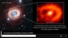 A two-panel image of a supernova remnant. The left panel is labeled “Near-infrared” while the right panel is labeled “Mid-infrared.” At left, a mottled light pinkish-orange oval whose inner edge resembles a string of pearls. Within the oval is a dense blue-green cloud, shaped like a keyhole. Three stars with six-point diffraction patterns surround the oval. The center of the supernova remnant is surrounded by a white box with lines leading to the panel on the right, which shows a bright orange ring with an orange dot in the middle. Text at bottom reads “The observations show a central spot of high-energy emission, the first piece of direct evidence for a neutron star within Supernova 1987A.” Title text in the lower left reads “Uncovering a Central Mystery: Supernova 1987A.”