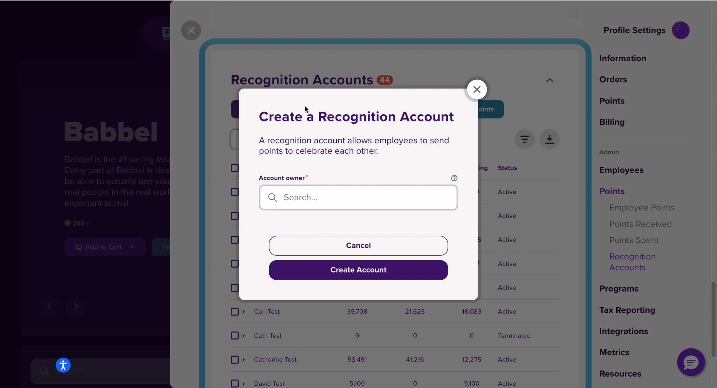 Creating a Recognition Point Account and Transferring Points