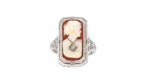 C. 1950 Vintage Brown Shell Cameo and 1.50 ct. t.w. Amethyst Flip Ring with Diamond Accent in 14kt White Gold