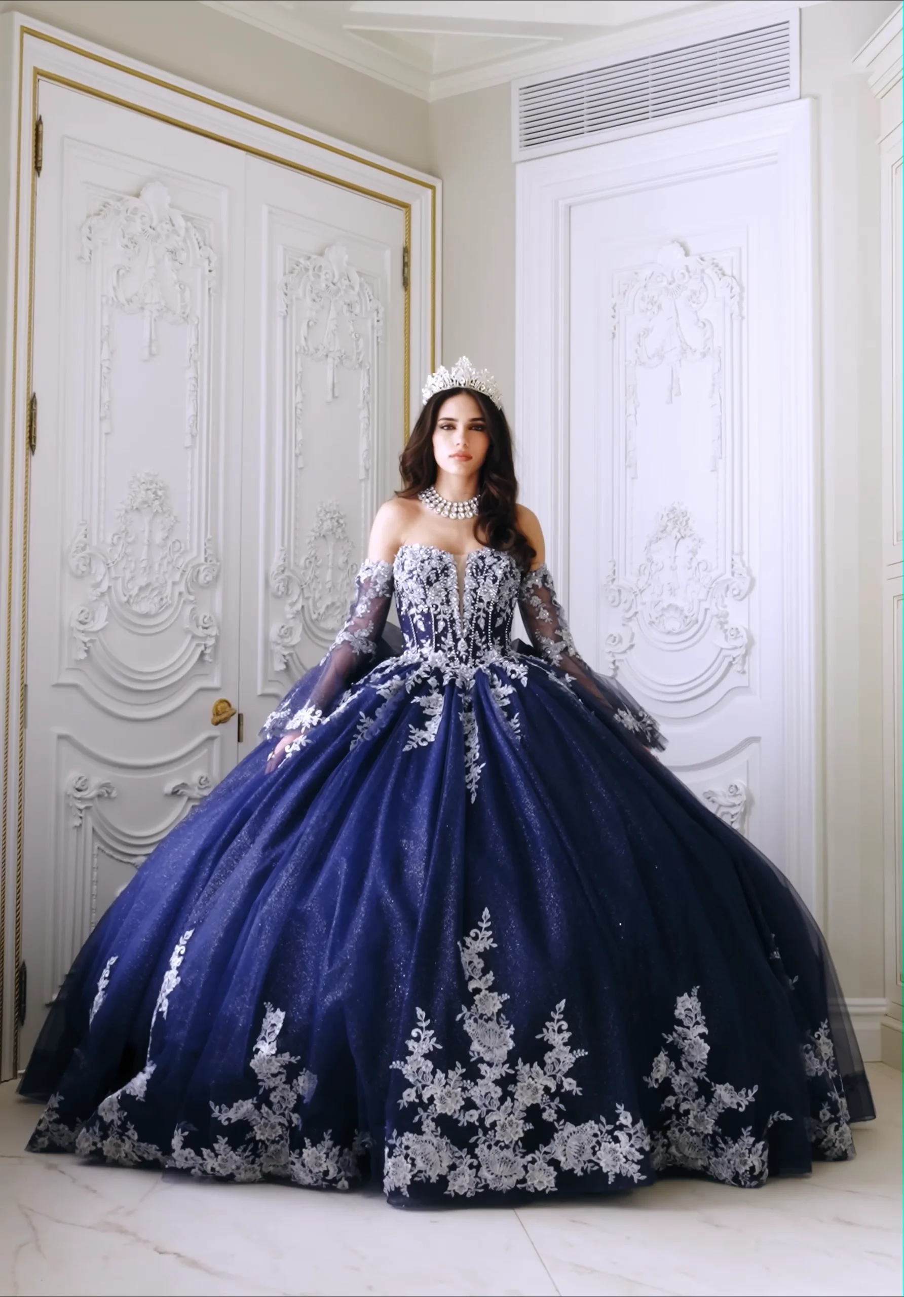 Crystal Beaded Metallic Lace Quinceañera Dress with Bell Sleeves Crystal Beaded Metallic Lace Quinceañera Dress with Bell Sleeves