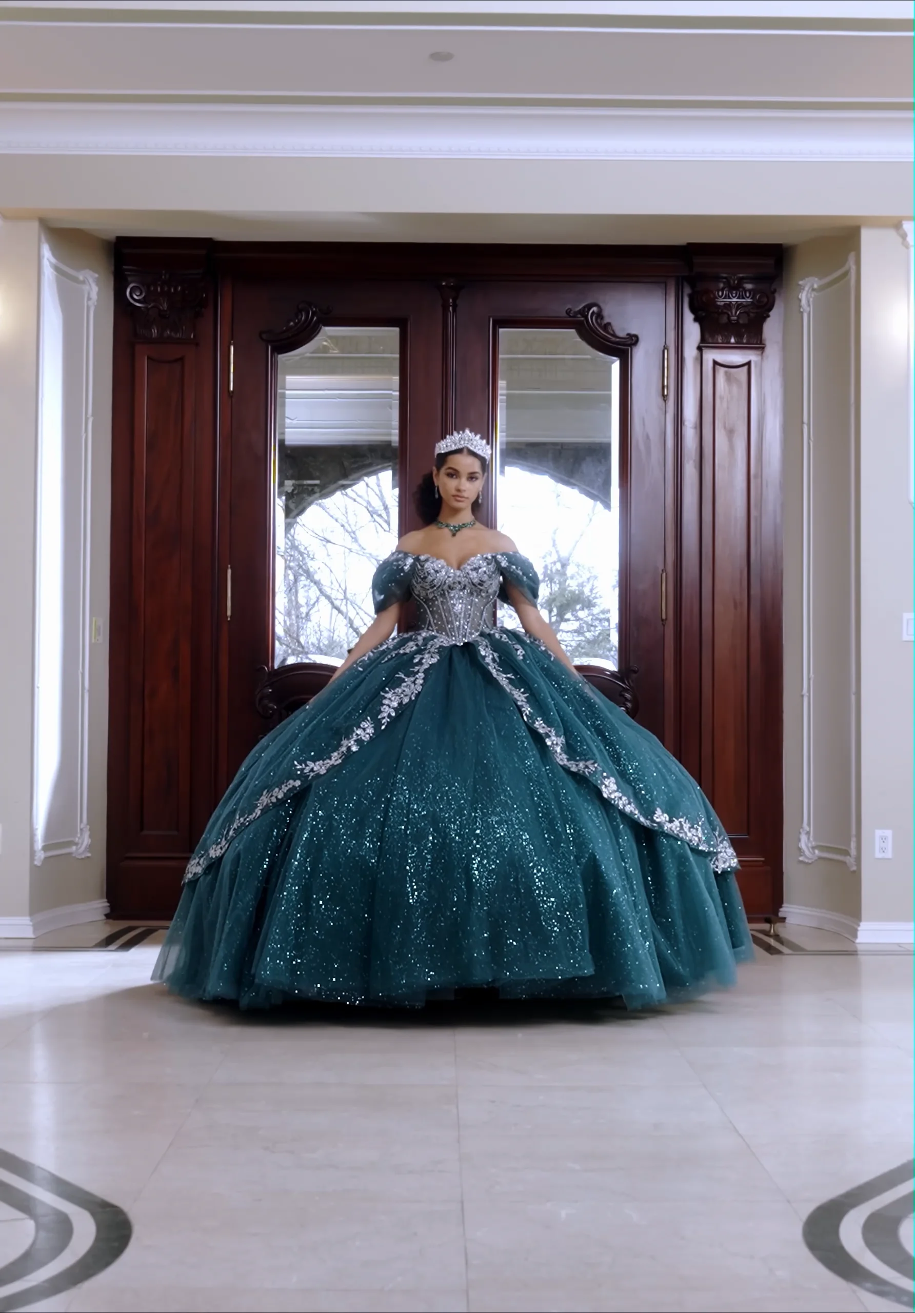 Sheer Chandelier Beaded Floral Glitter Quinceañera Dress Sheer Chandelier Beaded Floral Glitter Quinceañera Dress